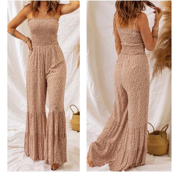 Boho Floral Print Shirred Bodice bell Bottom Cami Jumpsuit - Picture 3 of 8